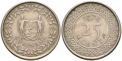Суринам 25 центов 1974 KM 14 медно-никель 4585-965