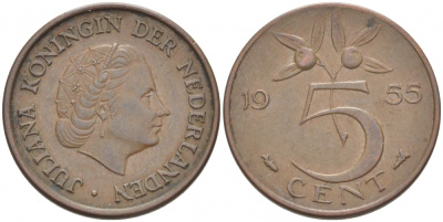НИДЕРЛАНДЫ 5 ЦЕНТОВ 1955 ЮЛИАНА KM 181 бронза 214-769