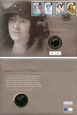 Великобритания 5 фунтов 2002 Королева-Мать, в оригинальном конверте, с марками, первый день гашения KM 1035, Spink L11 медно-никель BU 4-3-3-34