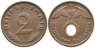 Германия 2 рейхспфеннига 1938 A KM 90, J. 362 бронза 176-554