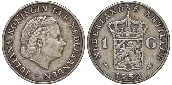 Нидерландские Антилы 1 гульден 1952 Юлиана (1948-1980) KM 2 серебро 36-836