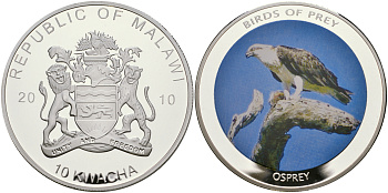 Малави 10 квача 2010 хищные птицы, скопа, цветная эмаль, диаметр 50 мм PROOF 05-089-23