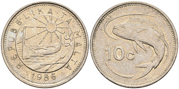 Мальта 10 центов 1986 золотая макрель KM 76 медно-никель 4588-156