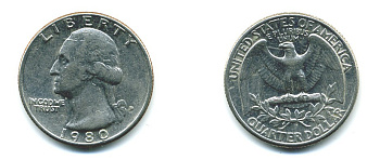 США 25 центов (квотер) 1980 Вашингтон KM А164а медь плакированная медно-никелем 37-1142