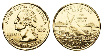 США 1/4 доллара (25 центов) 2001 Квотер штата Род-Айленд KM 320 медь плакированная золотом UNC 11-117-34