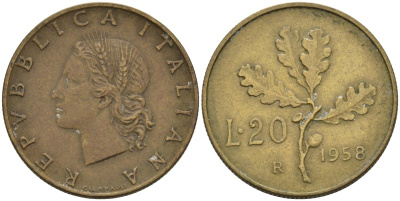 Италия 20 лир 1958 R, дубовый лист KM 97.1 алюминиевая бронза 4575-223
