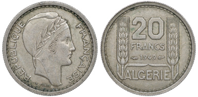 Алжир, Французский 20 франков 1949  KM 91 медно-никель 4606-421