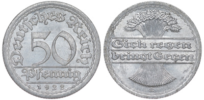 Германия 50 пфеннигов 1922 A KM 27, J. 301 алюминий aUNC 4114-1211