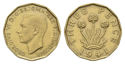 Великобритания 3 пенса 1941 Георг VI (1936-1952) KM 849, Spink 4112 никель латунь 4121-452
