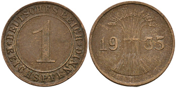 Германия 1 рейхспфенниг 1935 F KM 37, J. 313 бронза 4124-669
