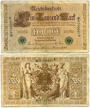 ГЕРМАНИЯ 1000 МАРОК 1910 ЗЕЛЕНАЯ ПЕЧАТЬ, 7 ЦИФР В НОМЕРЕ Pick 45b бумага 3295-119-2-2