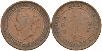 ЦЕЙЛОН 1 ЦЕНТ 1891 ВИКТОРИЯ KM 92 медь 68-713