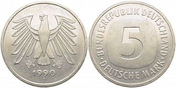 ФРГ 5 МАРОК 1990 J, J. 415, KM 140.1 медно-никель плакированный никелем 109-912