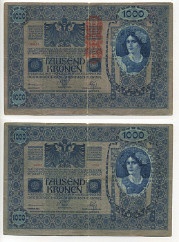 АВСТРИЯ 1000 КРОН 1919 КРАСНАЯ ВЕРТИКАЛЬНАЯ НАДПЕЧАТКА НА 1902 Pick 59 бумага 7217-38-2