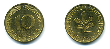 ФРГ 10 ПФЕННИГОВ 1984 J KM 108, J.383 сталь плакированная латунью 46-1442