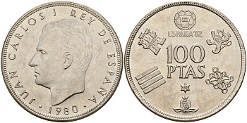 Испания 100 песет 1980 (80) чемпионат мира по футболу в Испании 1982 года, Хуан Карлос I (1975-) KM 820 медно-никель UNC 4537-131