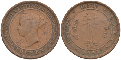 ЦЕЙЛОН 1 ЦЕНТ 1891 ВИКТОРИЯ KM 92 медь 68-713