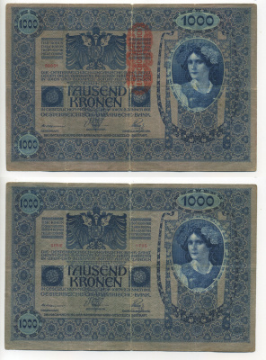 АВСТРИЯ 1000 КРОН 1919 КРАСНАЯ ВЕРТИКАЛЬНАЯ НАДПЕЧАТКА НА 1902 Pick 59 бумага 7217-38-2