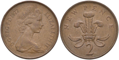 Великобритания 2 пенса 1977 Елизавета II (1952-2022) KM 916, Spink 4235 (C1) бронза 4116-735