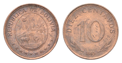 Боливия 10 сентаво 1965 KM 188 сталь плакированная медью 4659-1255
