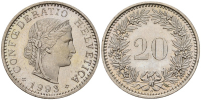 Швейцария 20 раппенов 1993 B KM 29a медно-никель 4187-615