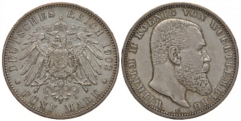 Вюртемберг 5 марок 1902 F, Вильгельм II (1891-1918) Weege 172, J. 176, KM 632 серебро 00-1067-1-42