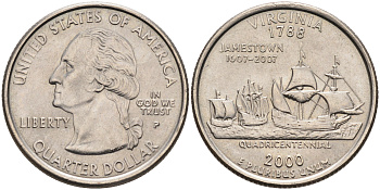 США 25 центов = квотер 2000 Р, серия штаты США, Вирджиния KM 309 медь плакированная медно-никелем UNC 4589-246