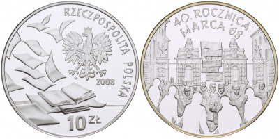 Польша 10 злотых 2008 40 лет студенческого марша 1968 года KM 632 серебро PROOF 1096-2-34