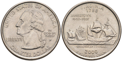 США 25 центов = квотер 2000 Р, серия штаты США, Вирджиния KM 309 медь плакированная медно-никелем UNC 4589-246
