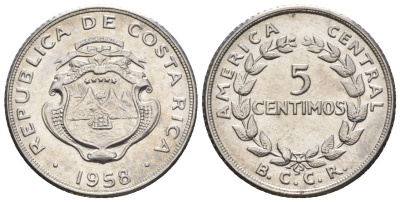 Коста-Рика 5 сентимо 1958  KM 184.1a сталь  UNC  4609-516