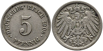 ГЕРМАНИЯ 5 ПФЕННИГОВ 1906 E KM 11, Jager 12, Weege 6 медно-никель 4547-452