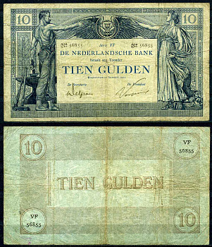 Нидерланды 10 гульденов 1904 (1921) серия VF Pick 34, Akkermans 25.4b бумага 10-2-15-2