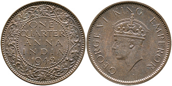 Британская Индия 1/4 анна 1942 Георг VI (1937-1952) KM 531 бронза aUNC 4178-516