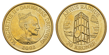 Дания 20 крон 2002 Башня Ратуши, Орхус KM 889 алюминиевая бронза UNC 4657-1234