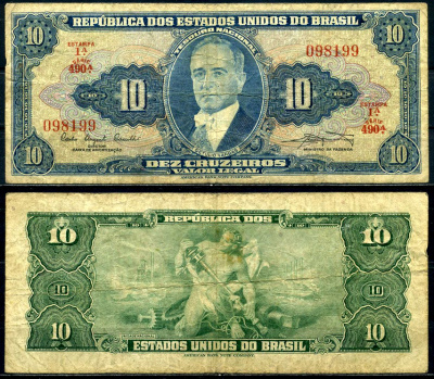 Бразилия 10 крузейро 1961 серия 490, Estampa 1A, signatures: Carlos Augusto Carrilho & Clemente Mariani Pick 167а бумага 6278-64-3-2