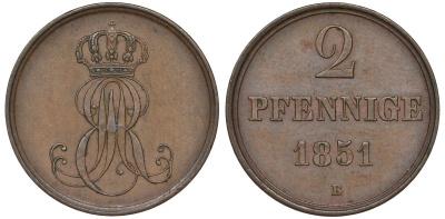 Ганновер 2 пфеннига 1851 B, Эрнст Август (1837-1851) KM 202.1, AKS 124, J. 75 медь 72-422