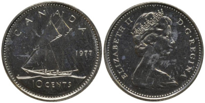 Канада 10 центов 1977 Елизавета II (1952-2022), парусник KM 77.1 никель UNC 218-811