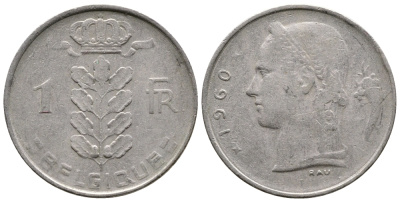 БЕЛЬГИЯ 1 ФРАНК 1960 BELGIQUE KM 142.1 медно-никель 4382-921