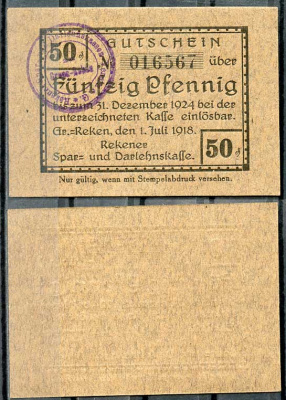 Германия, Рекен 50 пфеннигов 1920 нотгельд, 1.7.1918 Tie.2580/10  бумага  UNC (пресс) 8614-40-4-2