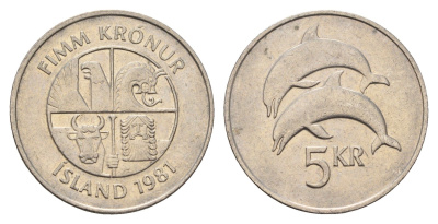Исландия 5 крон 1981 дельфины KM 28 медно-никель 4591-857