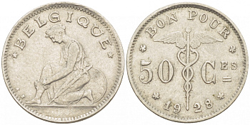 БЕЛЬГИЯ 50 САНТИМОВ 1928 BELGIQUE KM 87 никель 261-1625