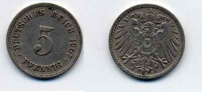 ГЕРМАНИЯ 5 ПФЕННИГОВ 1907 J, KM 11, J. 12 медно-никель 84-1661