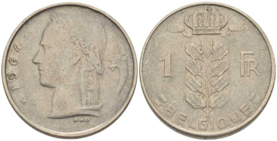 БЕЛЬГИЯ 1 ФРАНК 1964 BELGIQUE, БОДУЭН I (1951-1993) KM 142.1 медно-никель 202-1023