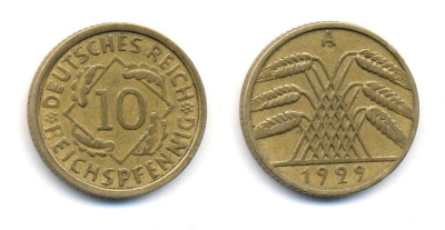 ГЕРМАНИЯ 10 РЕЙХСПФЕННИГОВ 1929 A, KM 40, J. 317 алюминиевая бронза 35-531