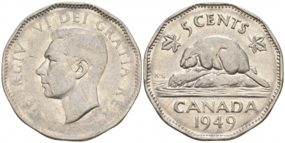 Канада 5 центов 1949 бобр, Георг VI (1937-1952) KM 42 никель 73-1323