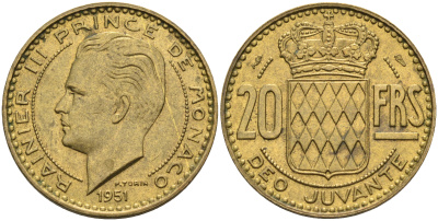 Монако 20 франков 1951 Ренье III (1949-2005) KM 131 алюминиевая бронза   4142-114