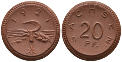 Саксония 20 пфеннигов 1921 колосья и серп J. N 53 фарфор UNC 1094-8-82
