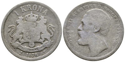 Швеция 1 крона 1876/5 ST, Оскар II (1872-1907) король Швеции и Норвегии KM 741 серебро 4178-424