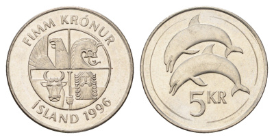 Исландия 5 крон 1996 дельфины KM 28a сталь плакированная никелем UNC 4586-443