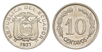 Эквадор 10 сентаво 1937 KM 76 никель UNC 4640-1136